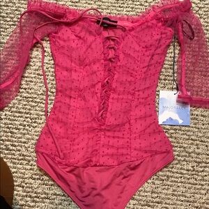 MAJORELLE Pink Lace Bodysuit Off-Shoulder
